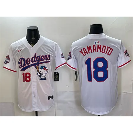 Youth Los Angeles Dodgers #18 Yoshinobu Yamamoto White Hello Kitty Night 2025 World Series Champions Patch Stitched Baseball Jersey