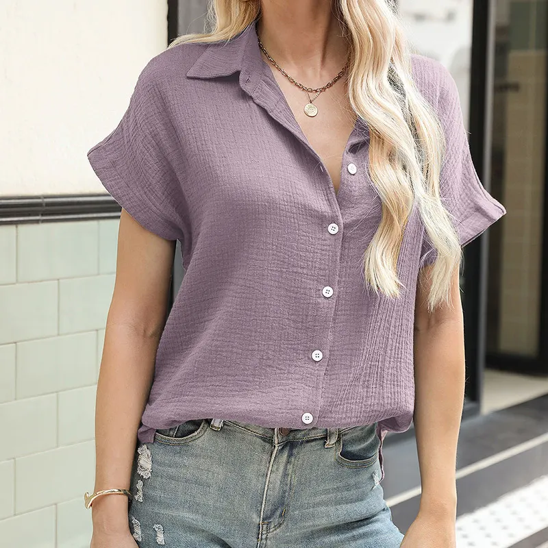 Women's Lapel Dolman Short Sleeve Crinkle Casual Shirt