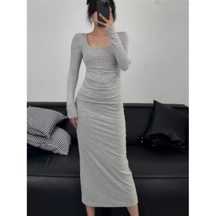 Aiertu fashion outfits Autumn and Winter Korean Style Square Collar Long Sleeve Solid Color Mid-Length Dress High Waist Slimming Hip Skirt aiertu