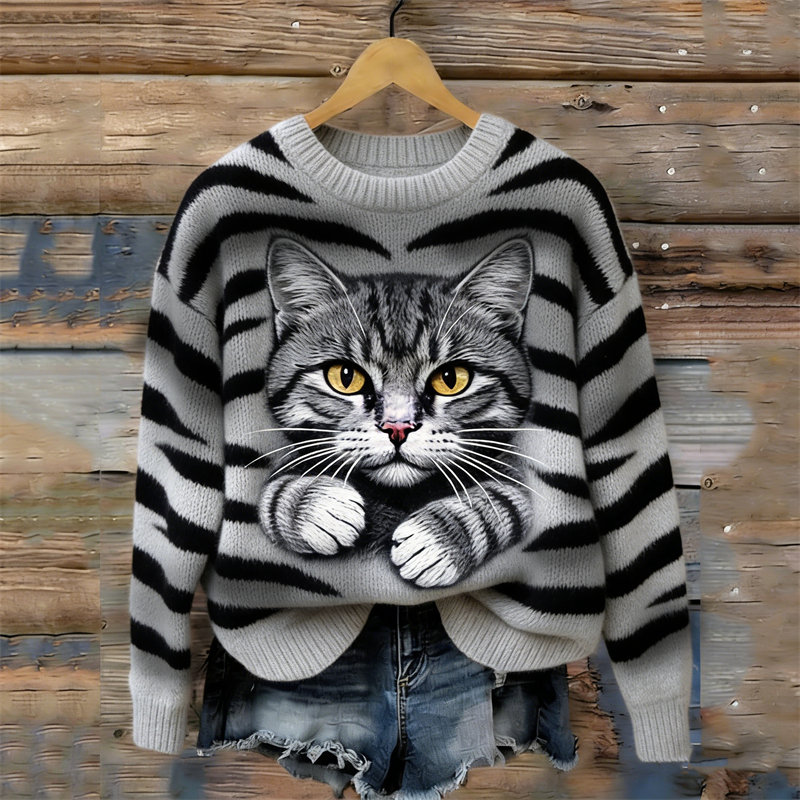 Tabby Cat Face & Pattern Inspired Cozy Knit Sweater wearshes