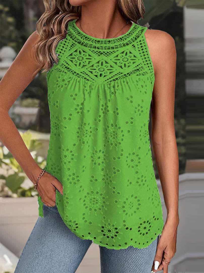 Women Sleeveless Scoop Neck Solid Lace Tops