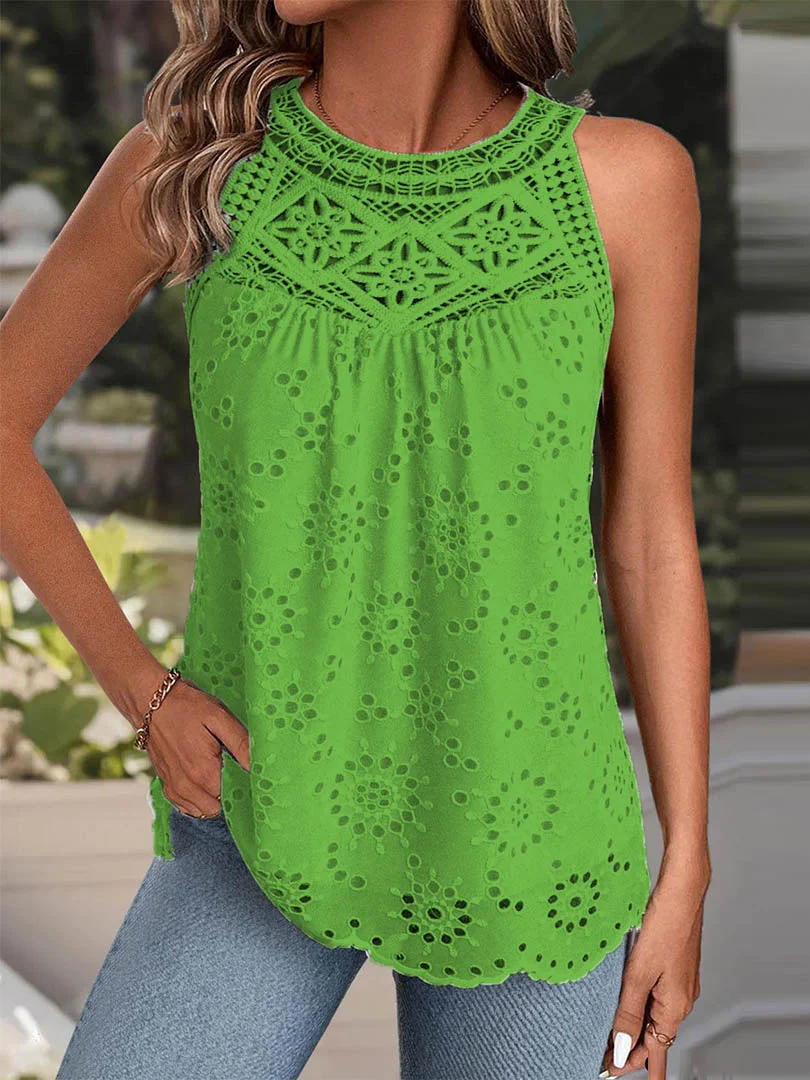 Women Sleeveless Scoop Neck Solid Lace Tops