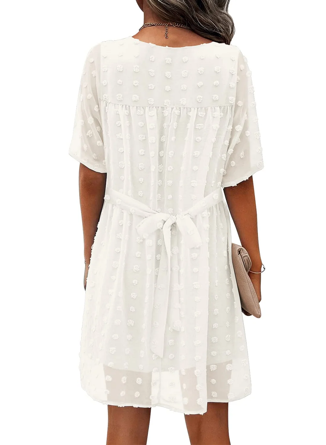 MIHOLL Women's V Neck Short Sleeve Ruffle Loose Summer Flowy Mini Dress