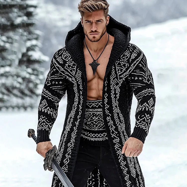 Men's Viking Geometry Tribal Pattern Jacquard Cozy Cardigan Sweater