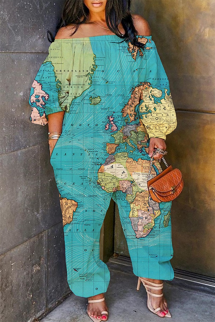 Plus Size Casual Jumpsuit Cyan Tie Dye Map Print Off The Shoulder Jumpsuit With Pocket 