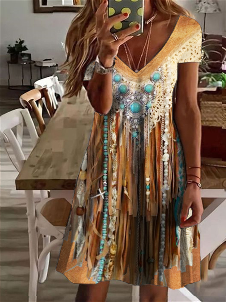 Comstylish Western Turquoise Fringe Lace Mini Dress