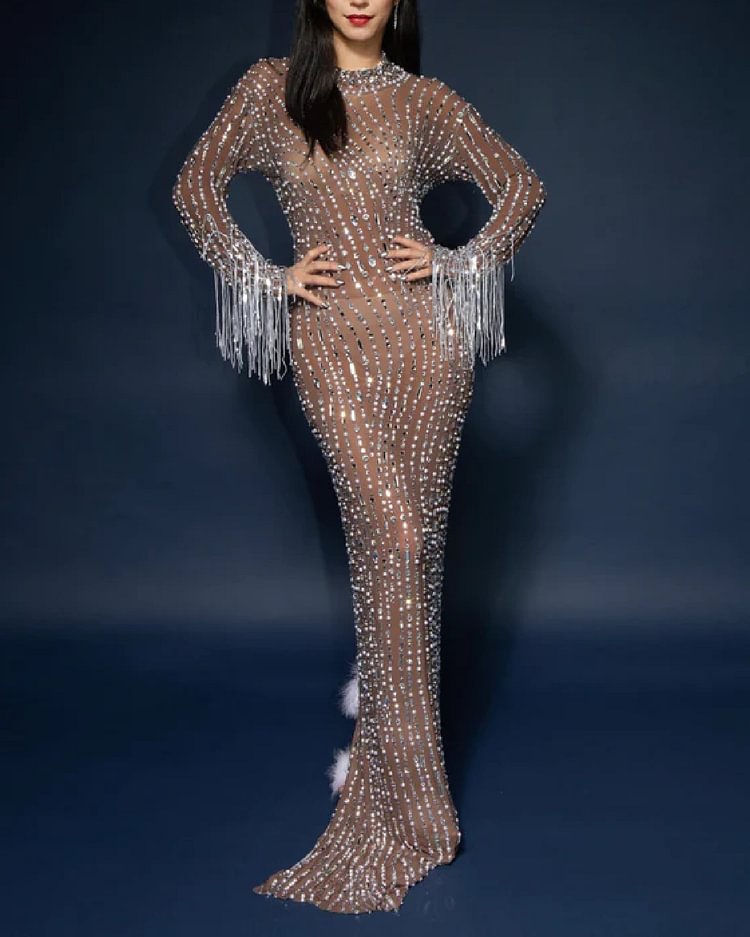 Bright Sequined Fringed Gown Dress