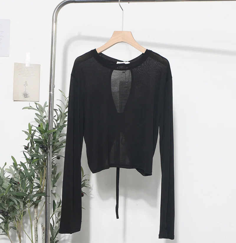 Uveng Han Shied Bare Back Drawstring Blouse Woman Summer Small Casual Wear Thin Hoodie Short-Sleeved T-Shirt 85827