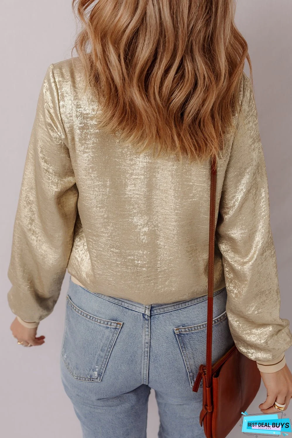Pale Khaki Metallic Zip up Baseball Jacket