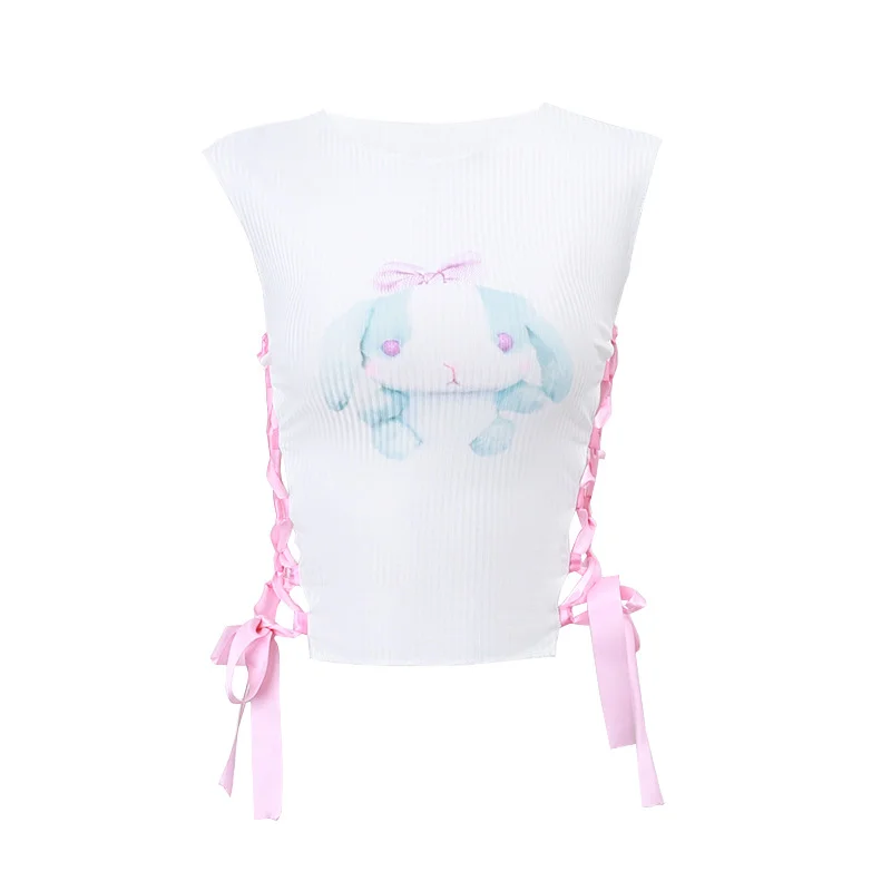 Brownm Brownm 2023 New Women's Round Collar Sleeve Cute Rabbit Print Side Hollow Out Cross Tie Short Vest