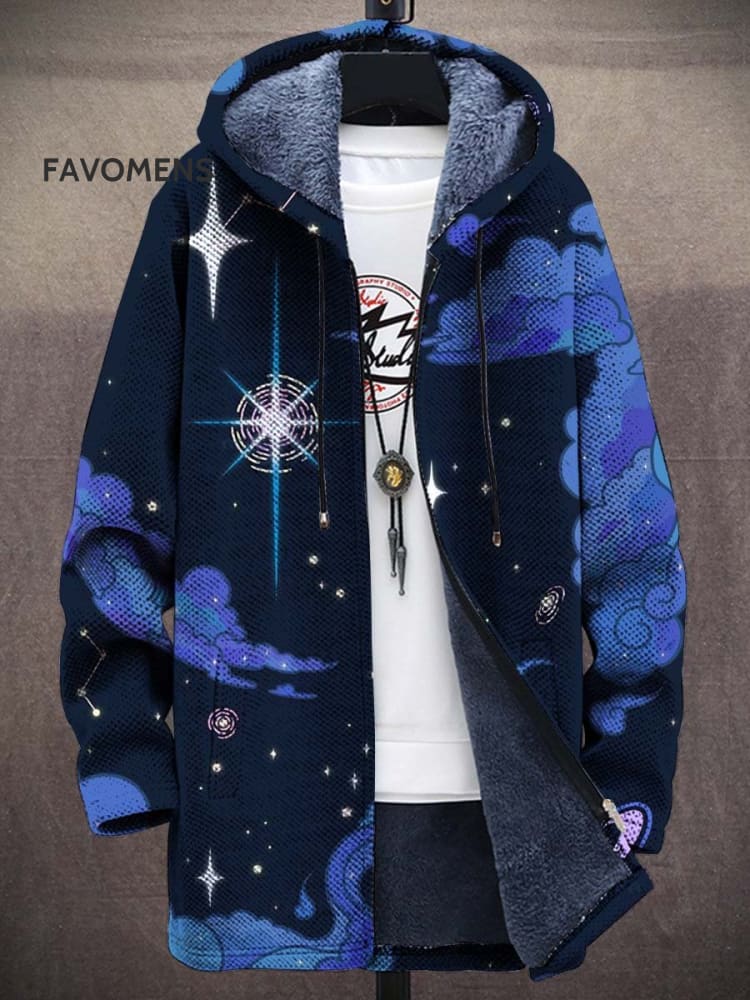 Unisex Plush Thickened Long Sleeve Retro Starry Night Sweater Cardigan Jacket Multicolor / S