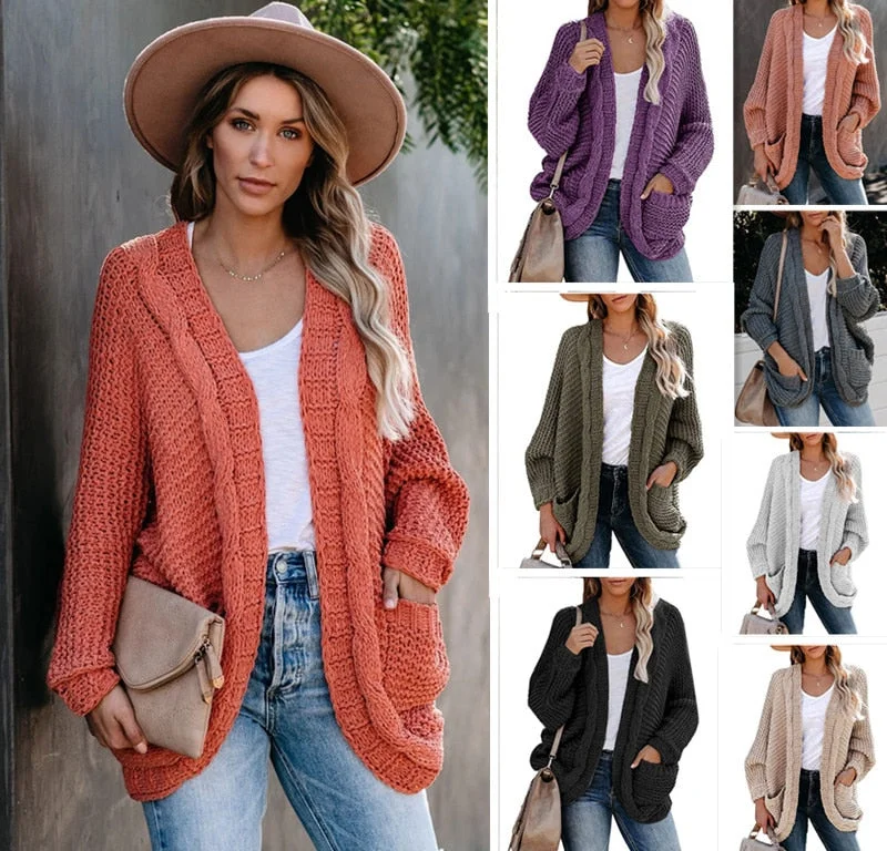Fitshinling Batwing Sleeve BOHO Knitted Cardigan Pockets Holiday Oversize Winter Coat Twist Loose Vintage Long Cardigans Women