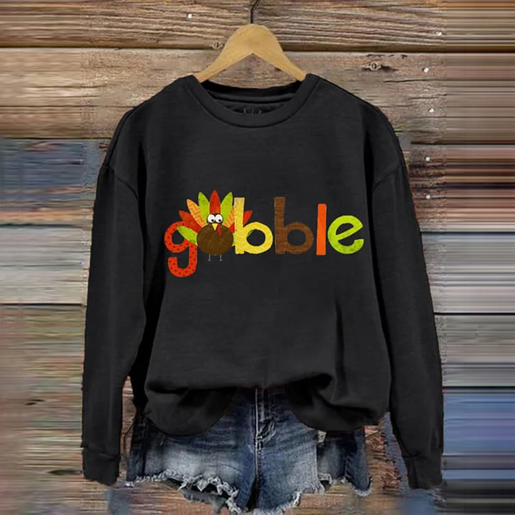 Comstylish Gobble Thanksgiving Print Long Sleeve Sweatshirt