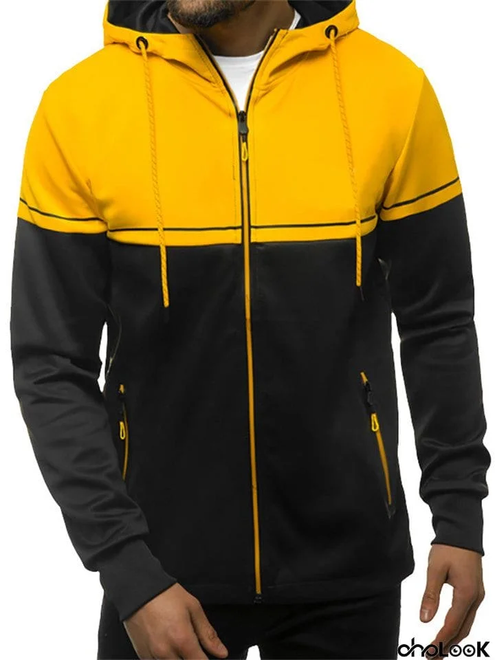 Men's Comfortable Casual Sporty Zipper Hooded Color Block Outerwear