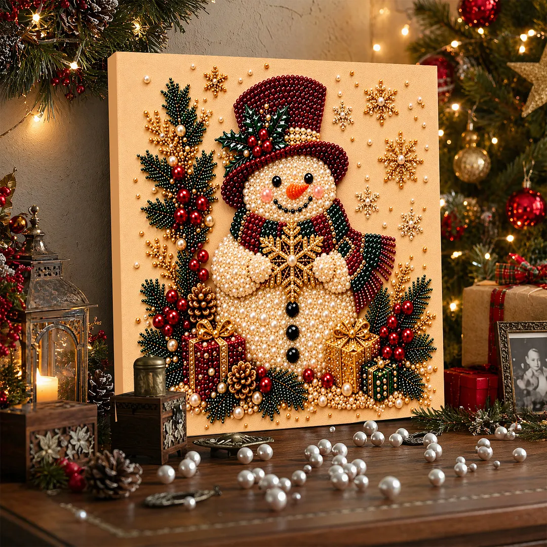 Framed Pearl Painting Kit Snowman Red Hat 7.87x7.87in
