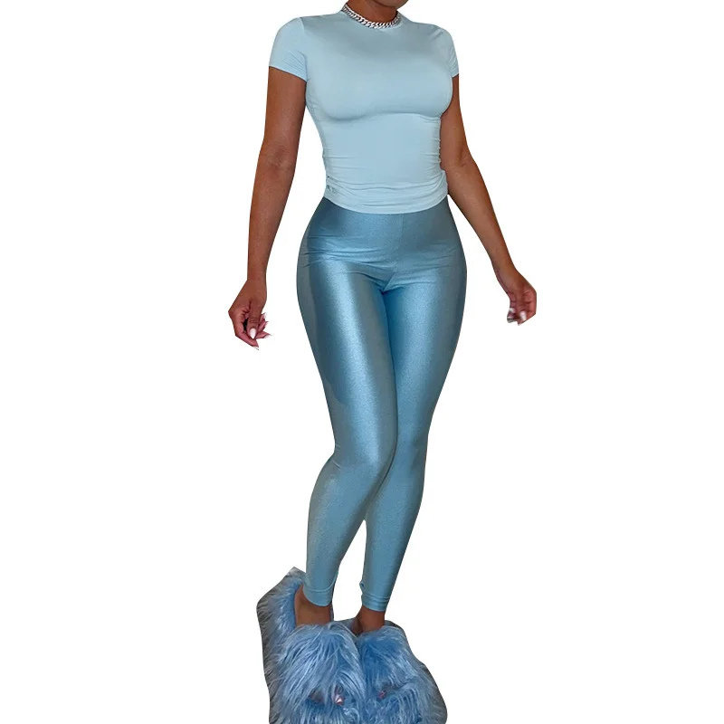 Uveng Uveng Women's Simple Solid Color Round Collar Short-Sleeved T-Shirt Tight Trousers Two Sets