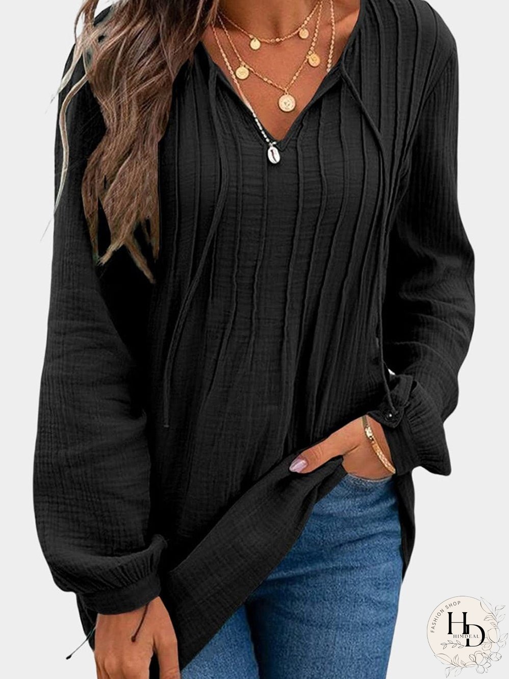 Vintage Black Pleated V Neck Loose Top