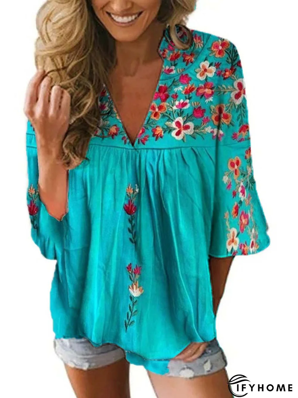 Half Sleeve V Neck Boho Shirt & Top | IFYHOME