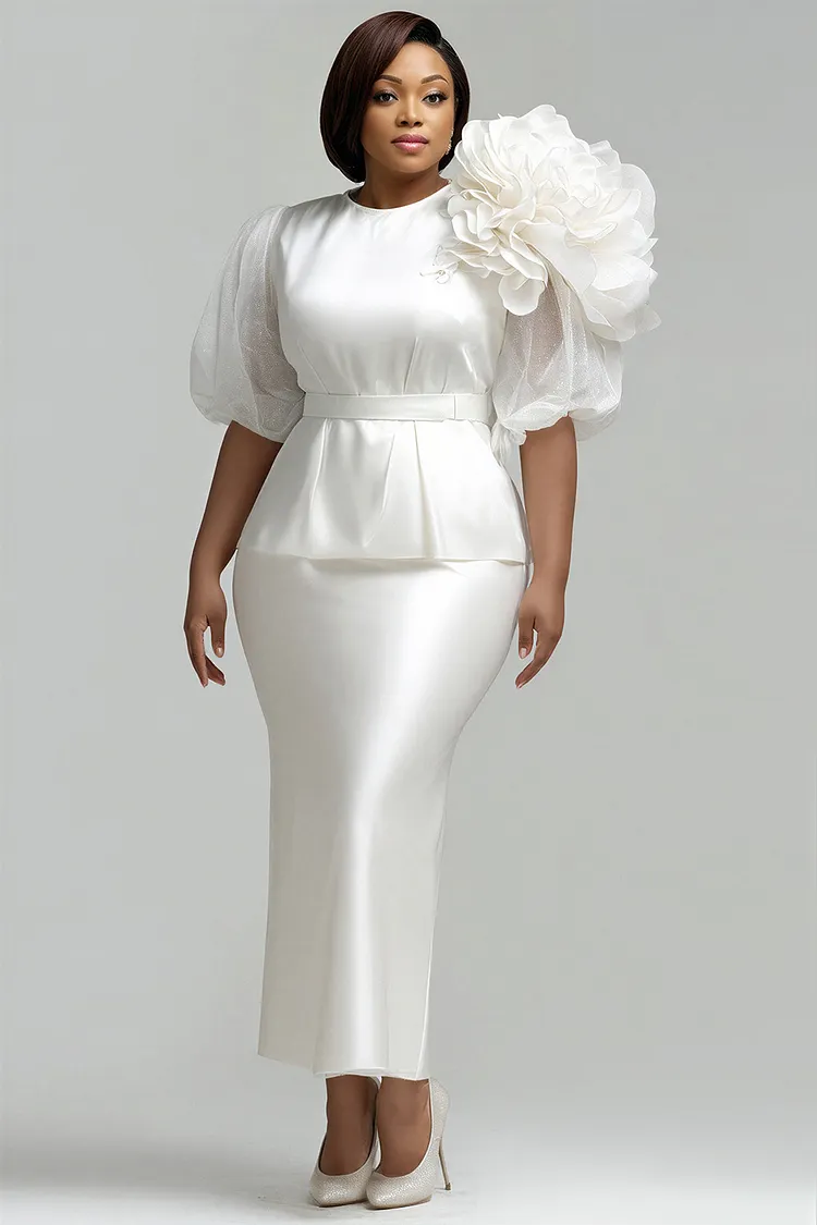 Xpluswear Design Plus Size Formal White Round Neck Short Sleeve 3D Satin Two Piece Skirt Sets [Pre-Order] 2024 - Xpluswear