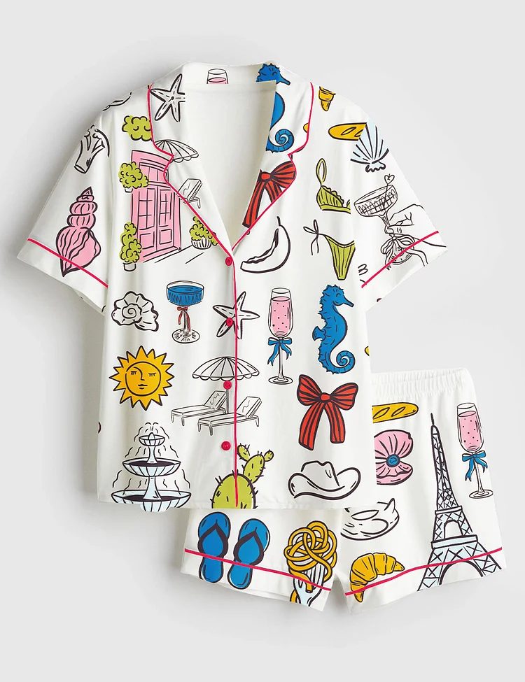 Women&rsquo;s Whimsical Summer Coastal Wedding Italian Food Greece Aesthetic & Beach Life Print Short Sleeve Satin Pajama Set