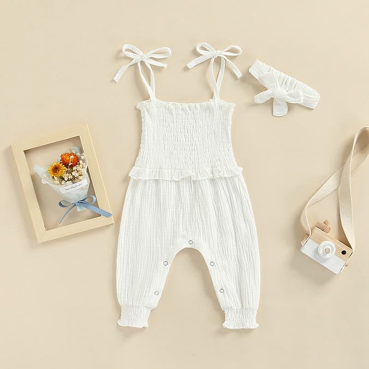 Baby Solid Color Linen Jumpsuit with Headband