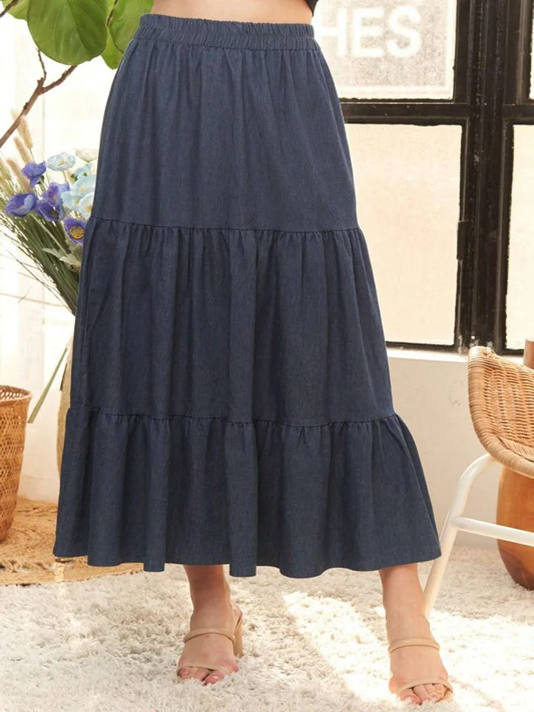 Women's Casual Denim Skirt Boho Chic Tiered Ruffle A Line Midi Flowy Peasant Prairie Style High Elastic Waist Navy Blue Summer Spring Party Beach Daily Wear Dark Wash Gathered Full Swing