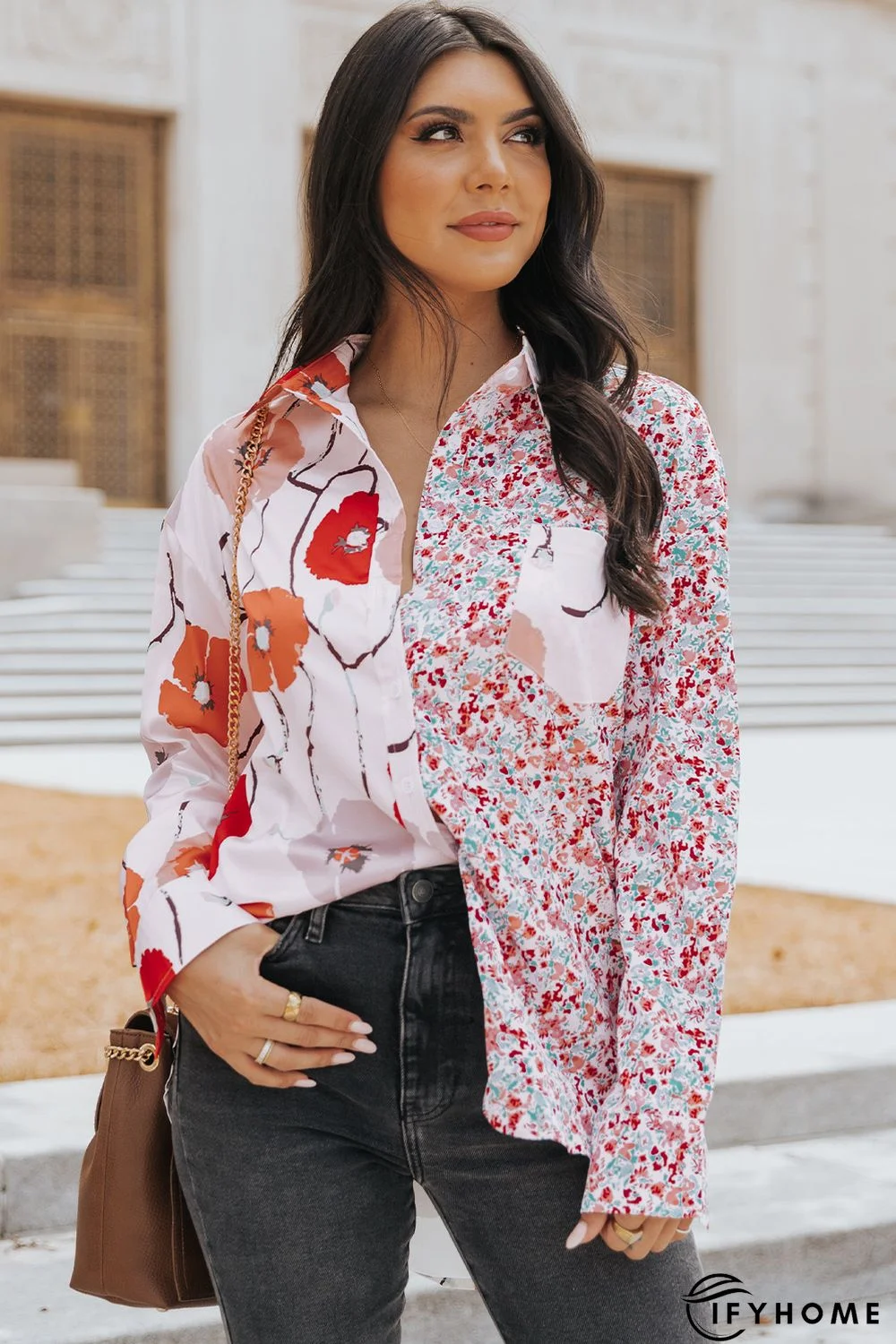 Red Floral Patchwork Buttoned Shirt with Pocket | IFYHOME