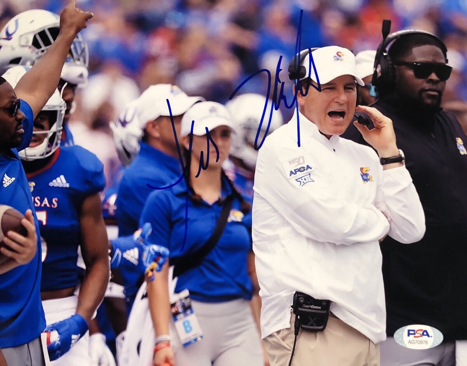 Les Miles Signed Autographed Kansas Jayhawks 8x10 Photo Poster painting Rock Chalk Psa/Dna