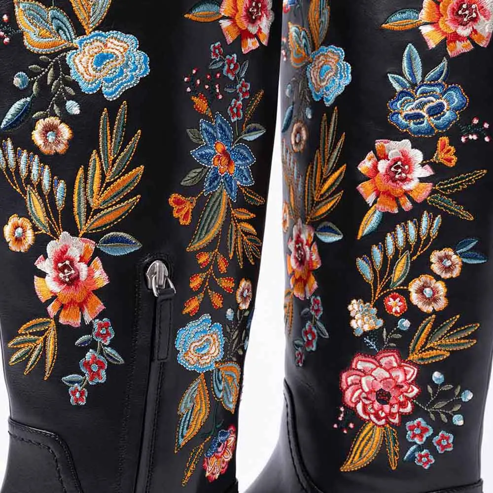 Black Round Toe Low Heel Flower Embroidered Knee High Boots for Women