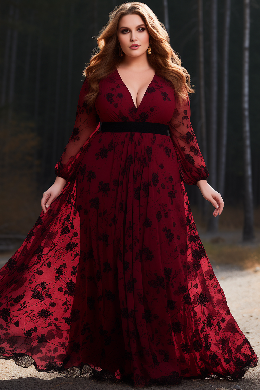 Flycurvy Plus Size Wedding Guest Red Chiffon Floral Print Lantern Sleeve Deep V Neck Maxi Dress