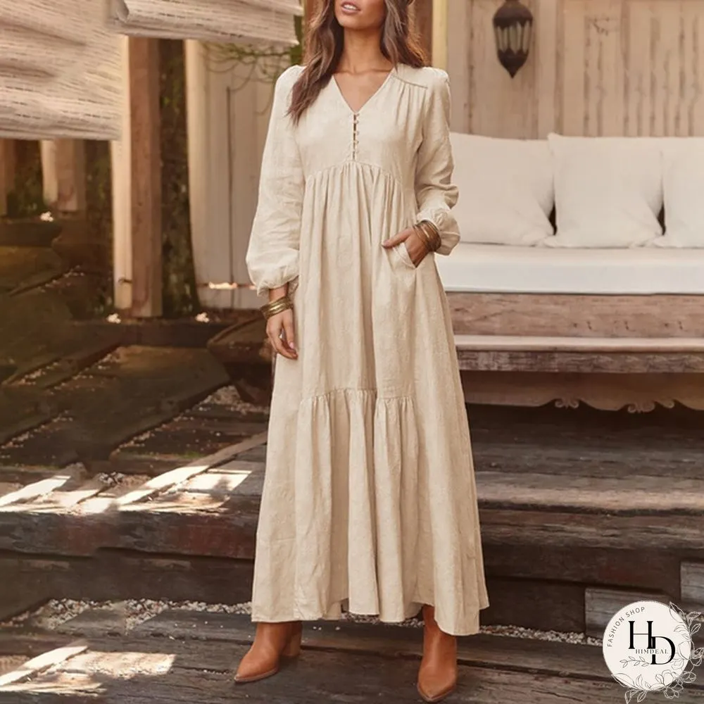 Zanzea Damen V Neck Langarm Kleid Maxikleid Bequem Weiche Plain Vintage Strandkleid