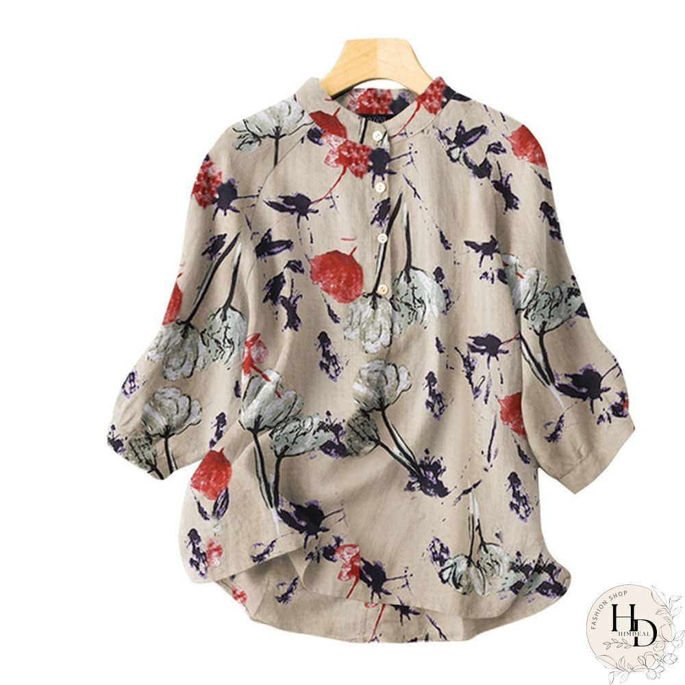 Womens Vintage Cotton Casual Loose Shirt Tee Floral Printed Tops Blouse T-Shirts Plus Size