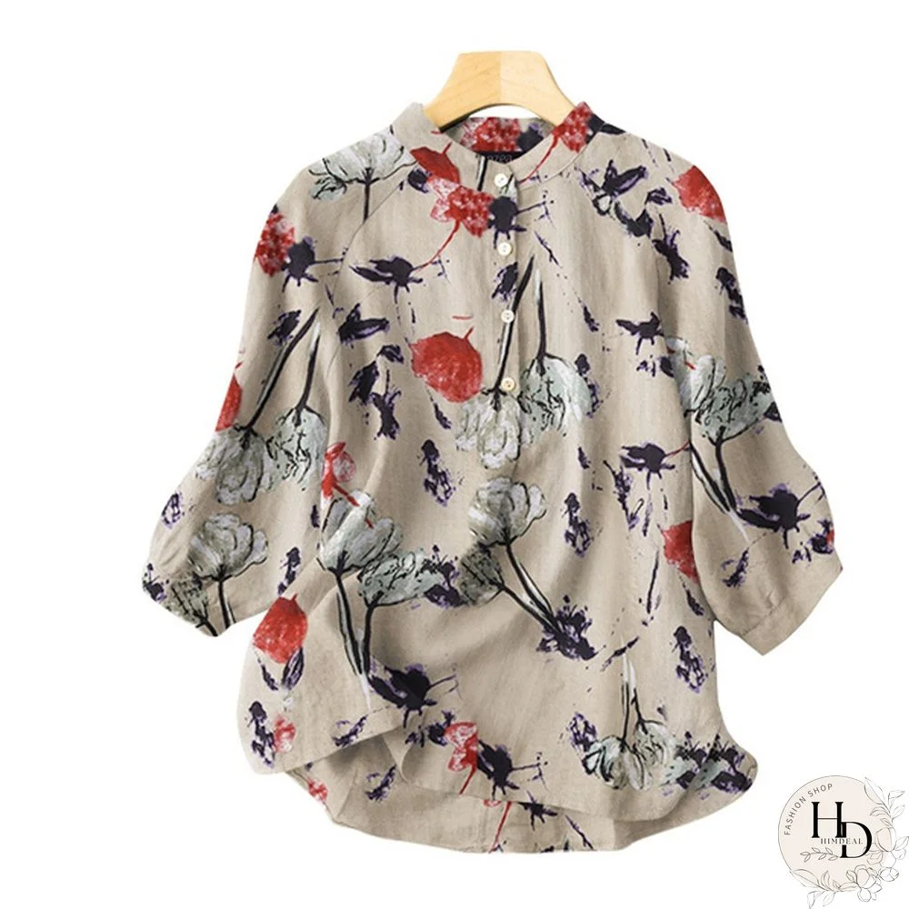 Womens Vintage Cotton Casual Loose Shirt Tee Floral Printed Tops Blouse T-Shirts Plus Size