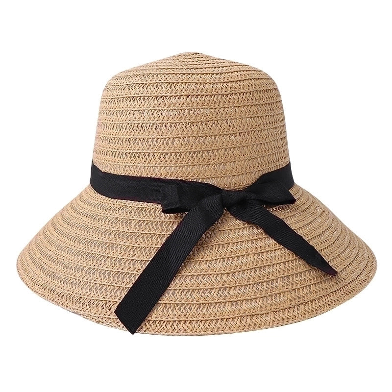 Women’s Pastoral Minimalist Solid Color Bowknot Big Eaves Straw Hat