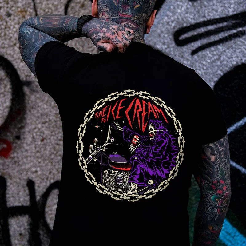 TIME TO ICE CREAM Skull Black Print T-Shirt