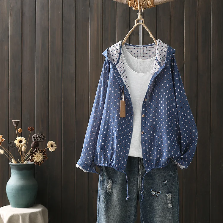 Women's Vintage Retro Dot Print Cardigan with Hoodie