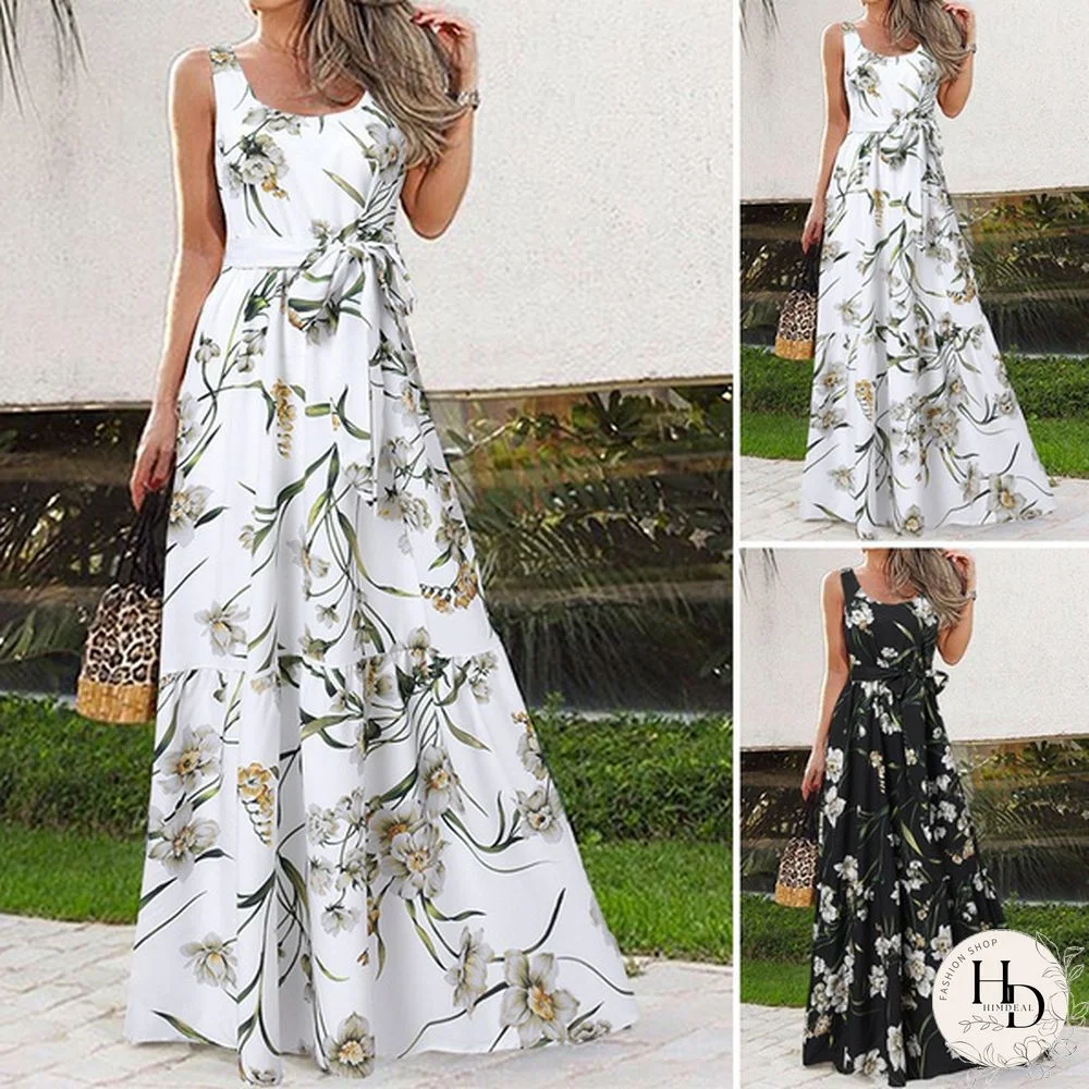 Summer Women Floral Printed Long Dress Sleeveless Bohemian Party Elegant Casual Maxi Dresses Plus Size