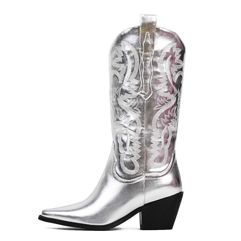 Qengg Silver Metallic Pointed Toe Cowboy Knee High Booots For Women 2022 Brand Designer Luxury Fashion Western Boots Shoes