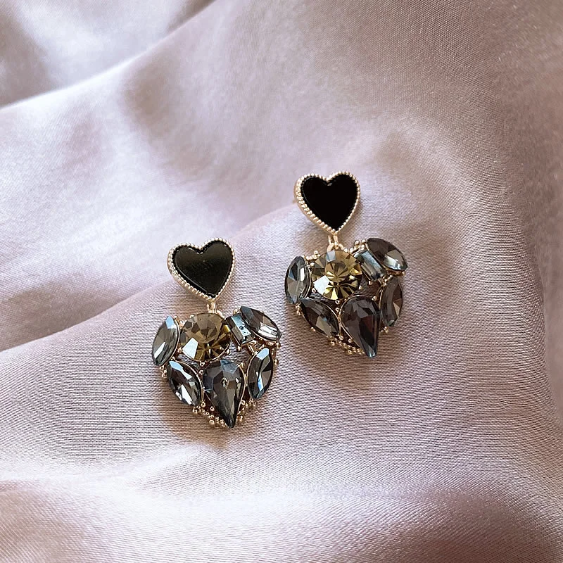 Black Rhinestone Heart Earrings