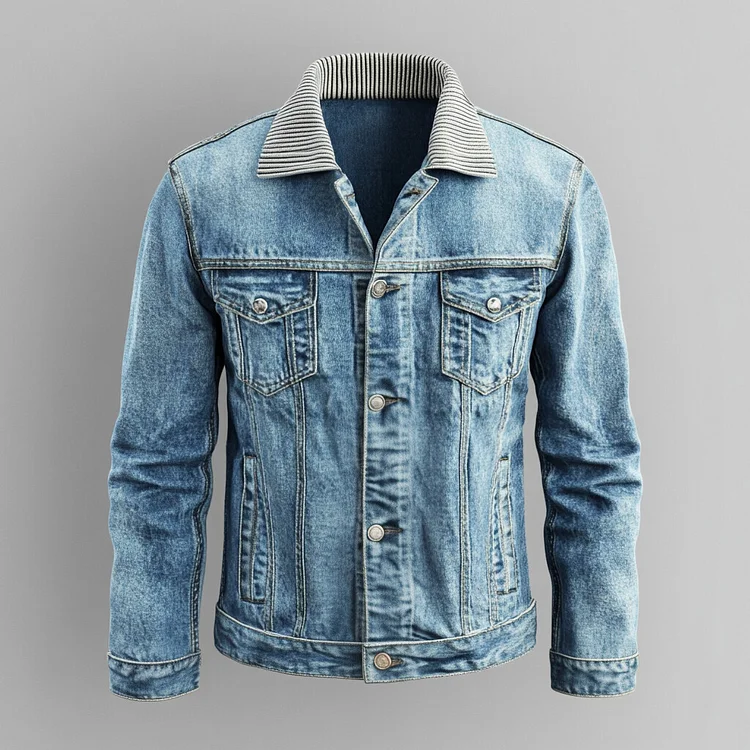 Men's Casual Knit Turndown Collar Metal Button Long Sleeve Denim Jacket