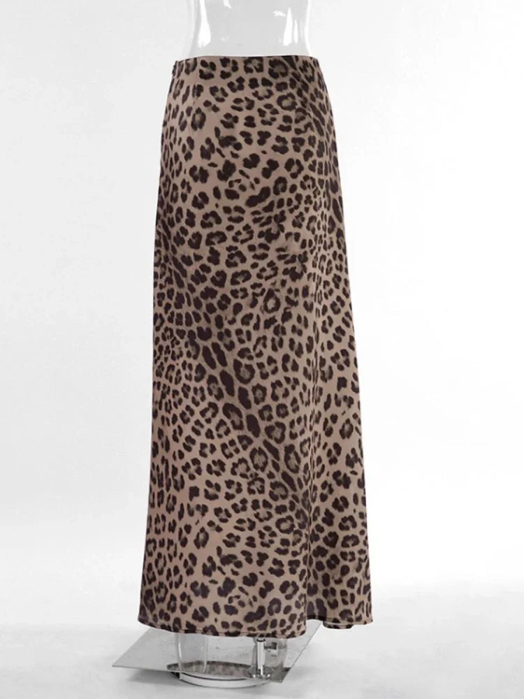 Huibahe Vintage Long Leopard Skirt Women Sexy Streetwear High Waist A-line Slim Print Maxi Mermaid Skirt Summer Party Club