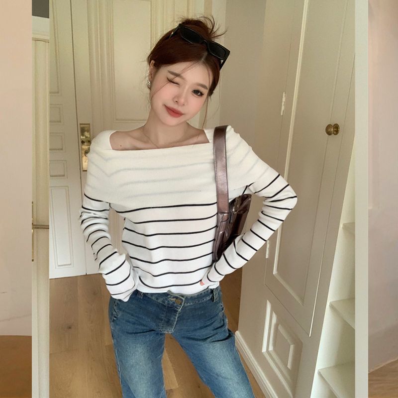 Aiertu long sweater dress outfit Striped Temperament off-Shoulder Sweater Women's Autumn Slim Slimming Gentle Bottoming Sweater Top aiertu