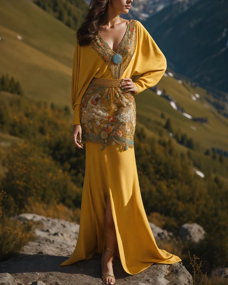 Women's V-neck long-sleeved embroidered Dress
