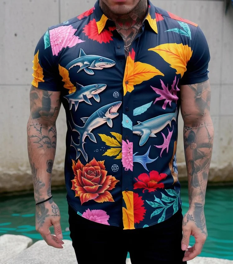 Men's Casual Floral Printed Short Sleeve Shirt at Hiphopee