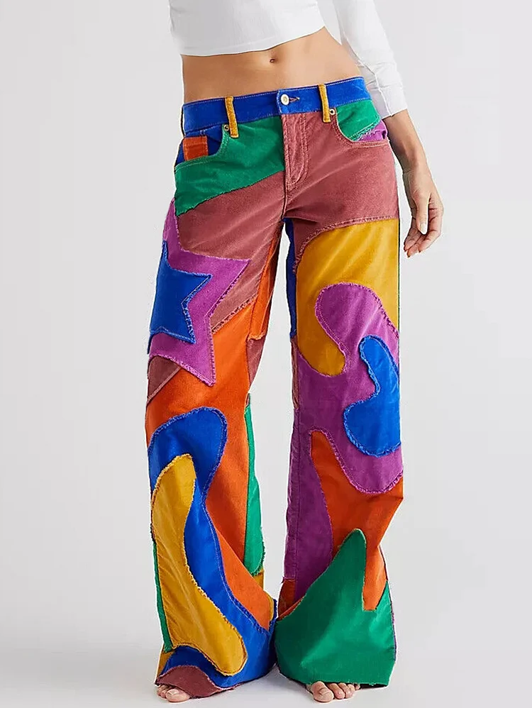Fashionable Pattern Colorblock Patchwork Flare Leg Pants