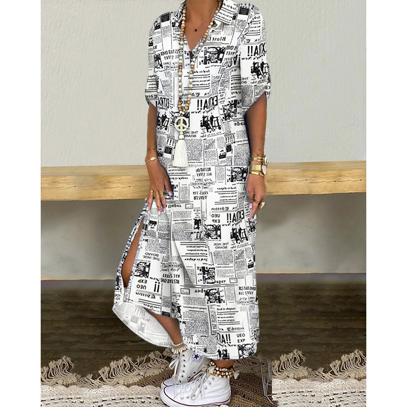 Fashion Splice New Printed Turn-Down Collar Irregular Split Casual Dress