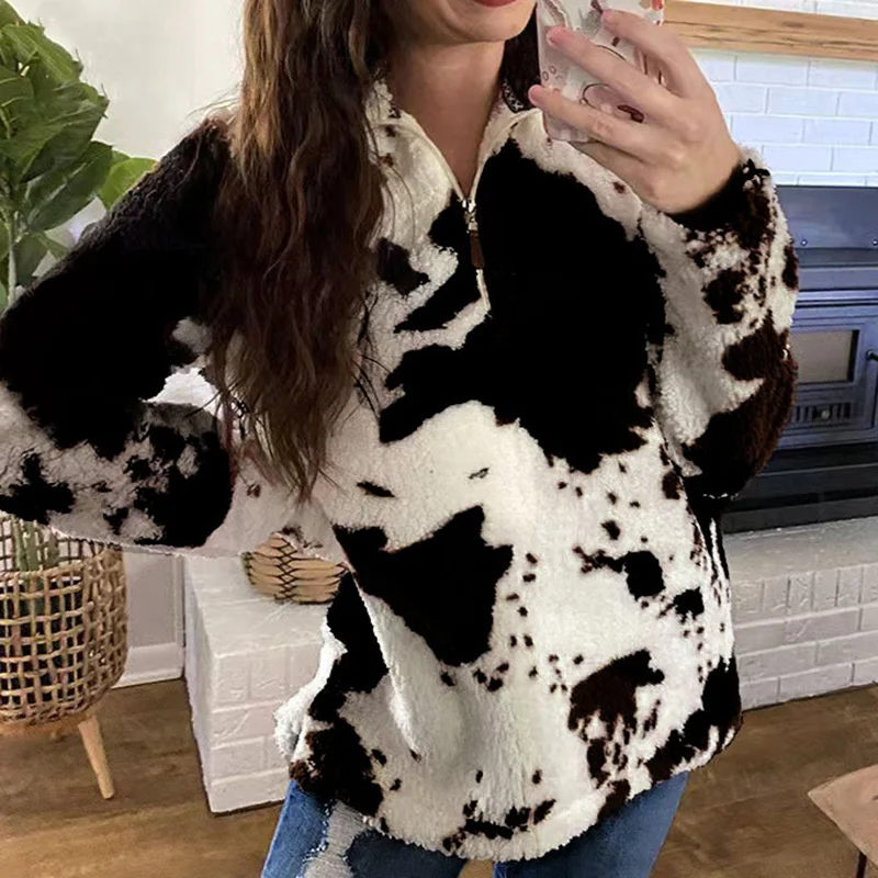 Plush Cow Polka Dot Print Zip Sweatshirt