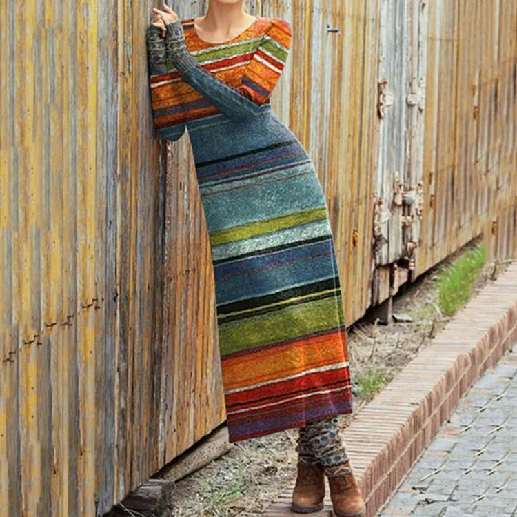 Utbros Vintage Elegant Contrast Striped Wool Midi Dress