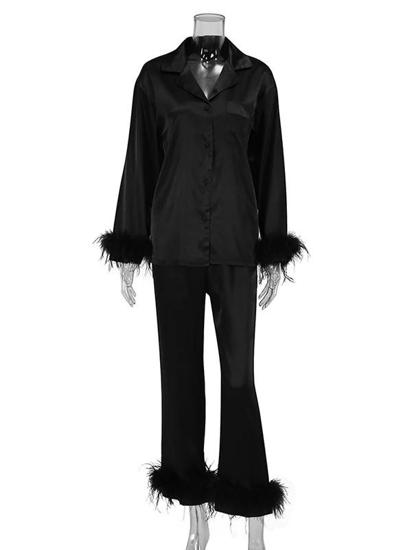 Notched Collar Long Sleeves Buttoned Feathers Split-Joint Shirts Top + Pants Bottom Pajama Sets