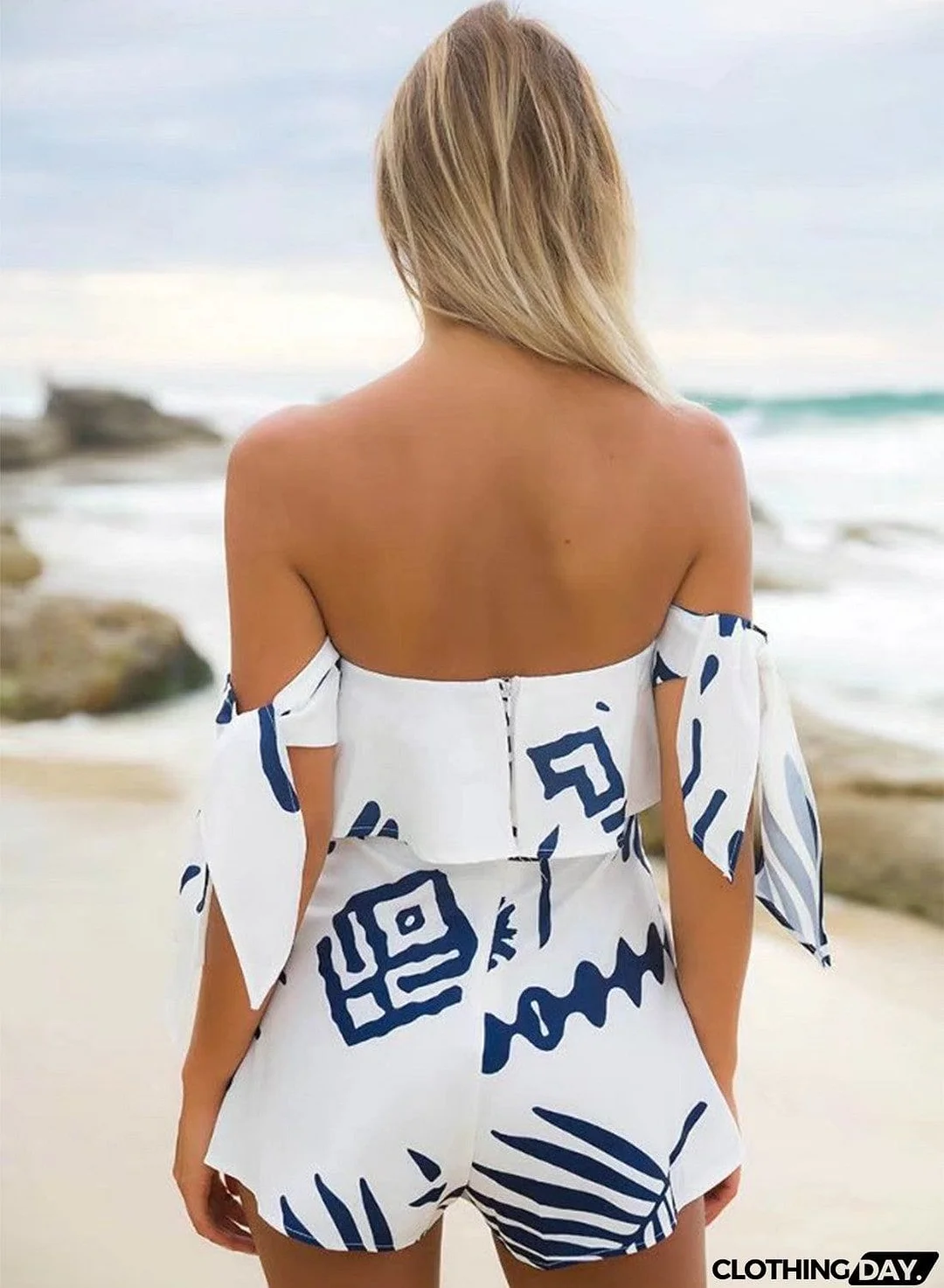 off Shoulder Palm Leaf Printed Romper
